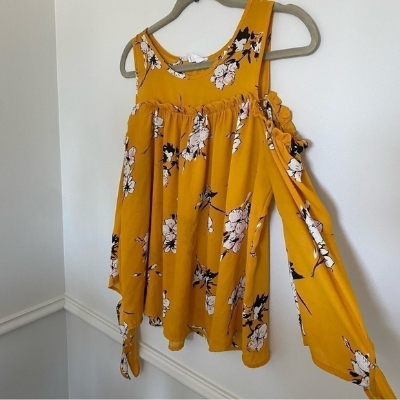Anthropology Sienna Sky Mustard Yellow Floral Off Shoulder Ruffle Blouse Medium - Picture 3 of 5